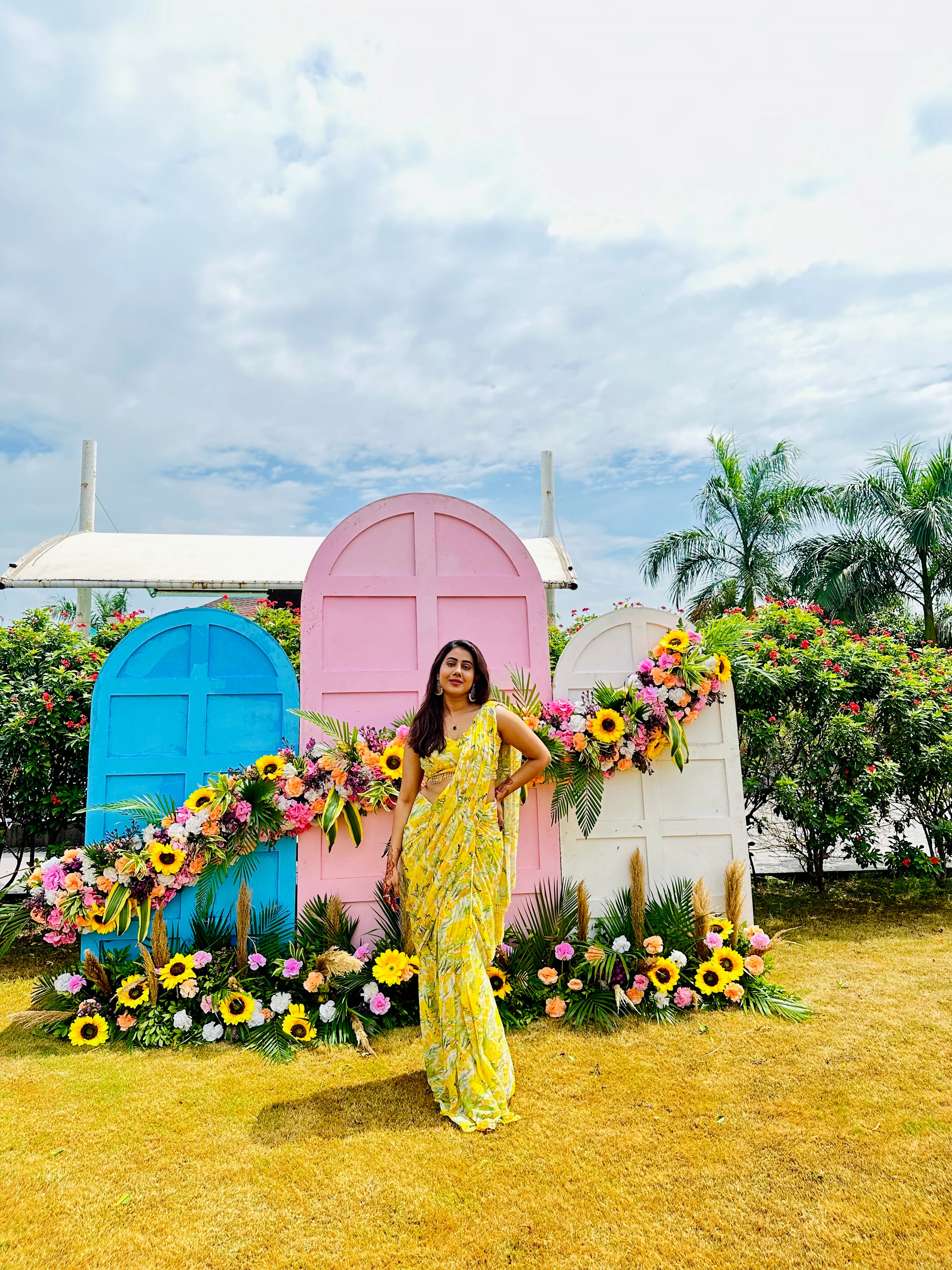 Mohini lemon yellow pre draped saree