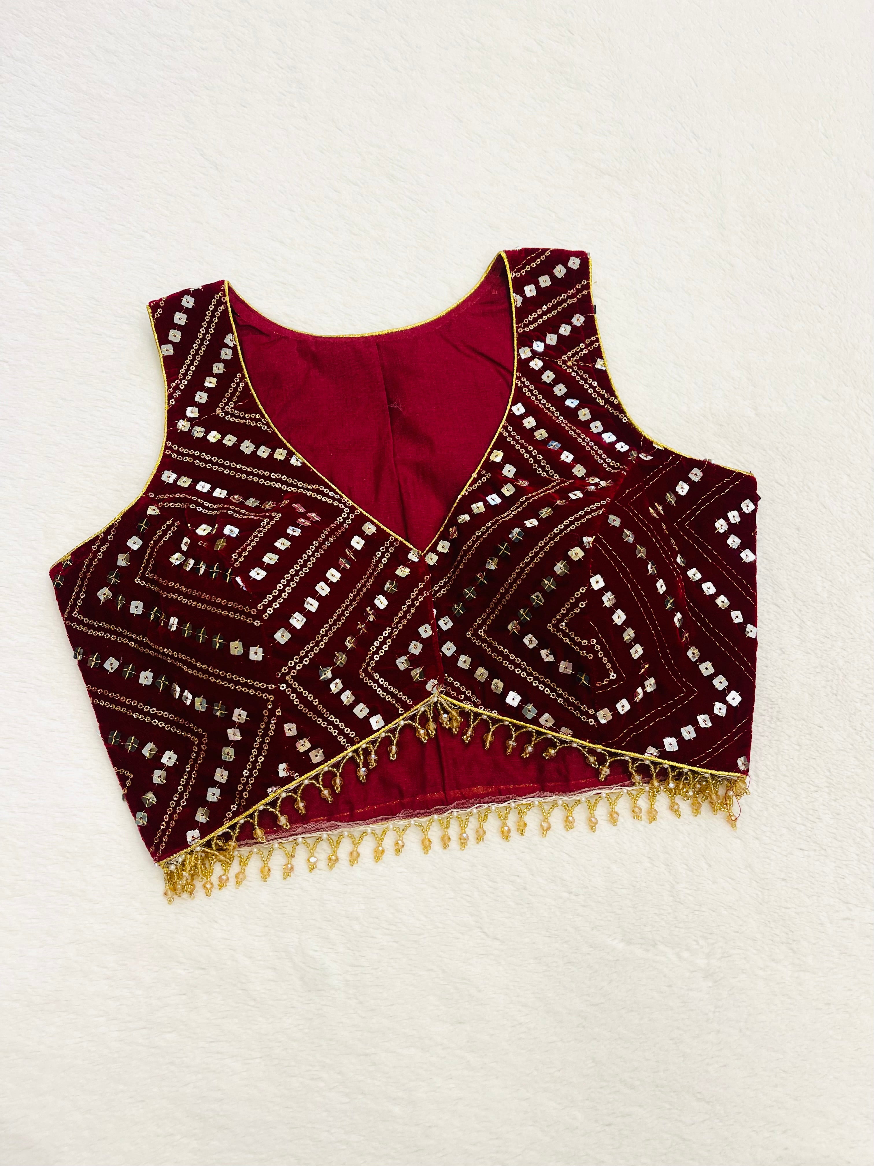 Maroon Sleeveless Velvet Embroidered Blouse