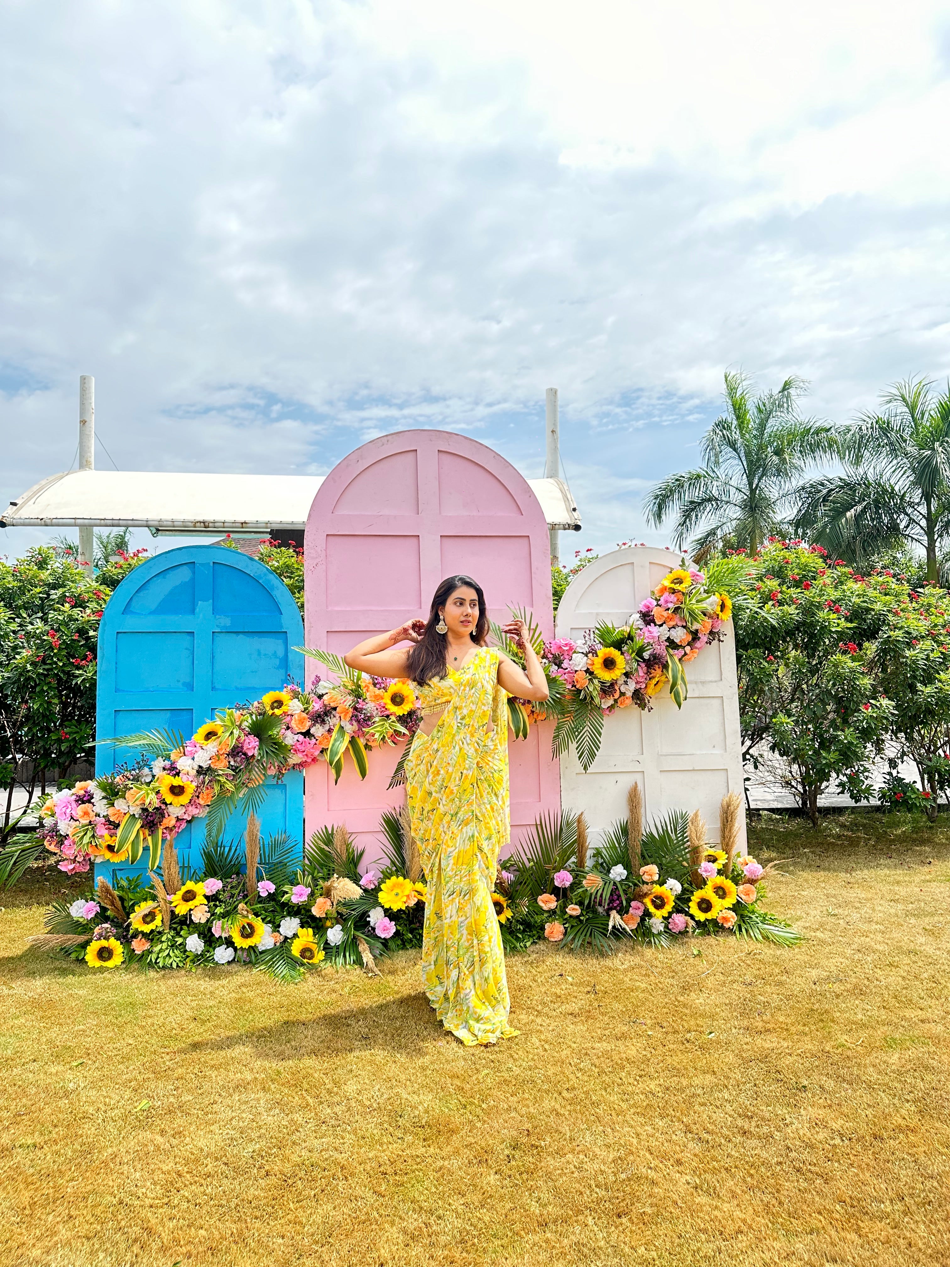 Mohini lemon yellow pre draped saree