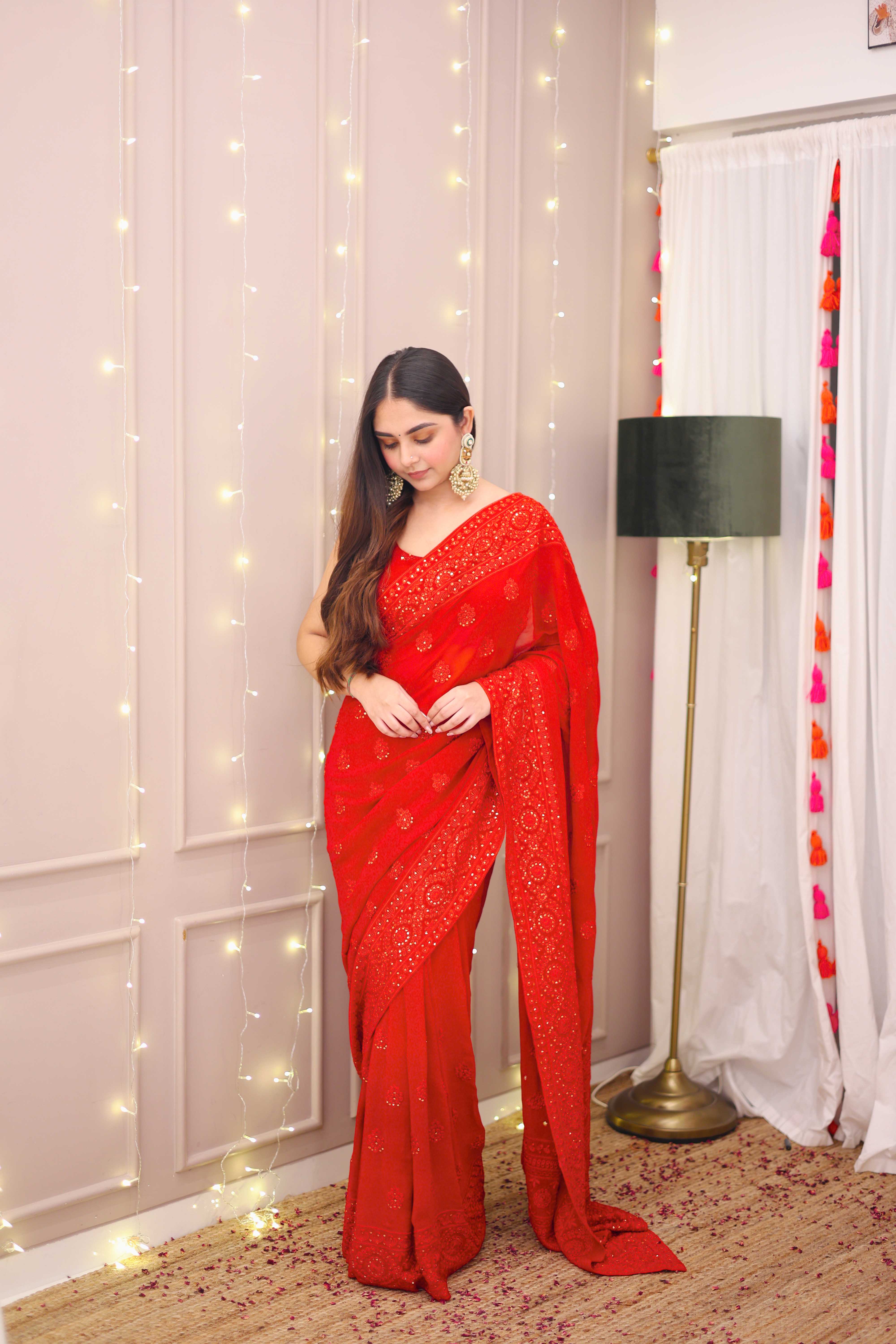 Rigalika Red Pure Georgette Festive Saree