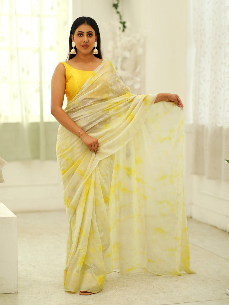 Embroidered Net Sari, White Yellow Saree, White Yellow Net Saree with Yellow  Net Blouse