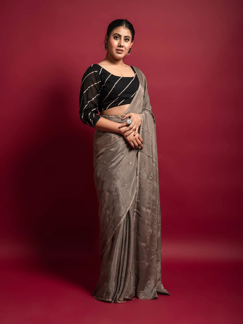 Brown and Chocolate color Chiffon sarees with plain and printed design  border saree -CHIF0000879
